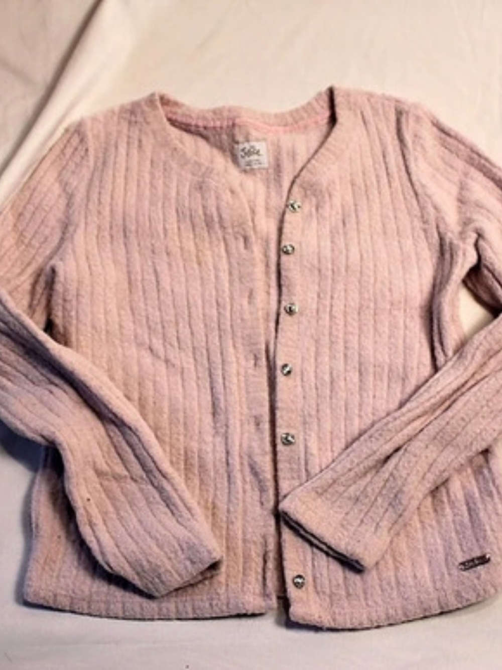Girls Justice Ribbed Button-Front Cardigan in Pink Size Small